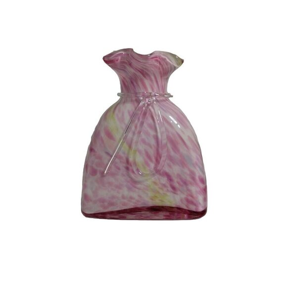 Murano GLASS Pink GREEN Stripe BAG Design VASE Scalloped TOP Edge - Picture 1 of 11